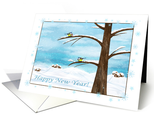 Happy New Year Cute Titmouse and Village card (1198132)