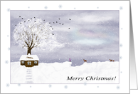 Merry Christmas Wooden House and Little Santa with Deer card