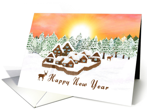 Happy New Year Countryside Sunset and Deer card (1652826)