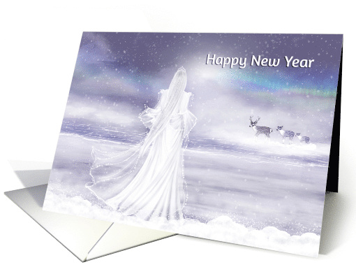 Happy New Year Beautiful Snow Queen and Deer Blank Inside card