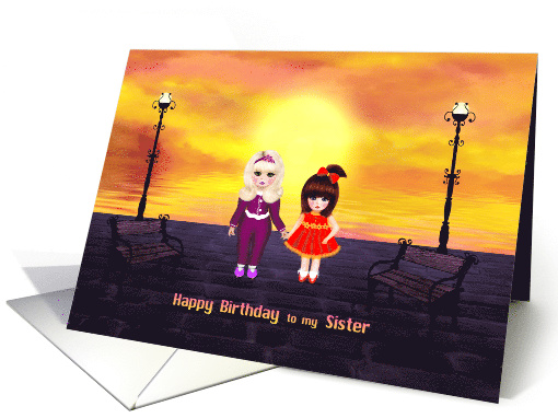 Happy Birthday to My Sister Two Cute Girls and Sunset card (1654774)