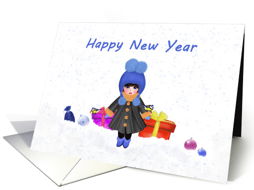 Happy New Year Little Girl with Gifts card (1654916)