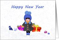 Happy New Year Little Girl with Gifts card