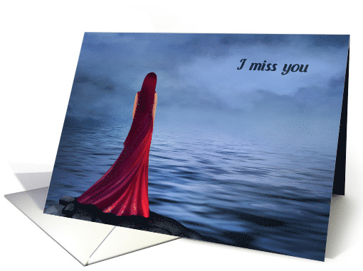 I Miss You Beautiful Woman in Long Red Dress by the Sea card (1655352)