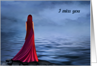 I Miss You Beautiful Woman in Long Red Dress by the Sea card