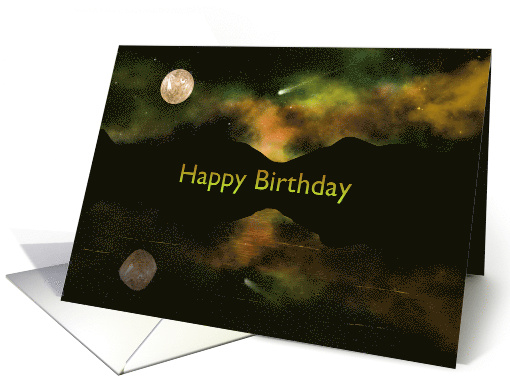 Happy Birthday Night Lake in the Mountains and Flying Comet card