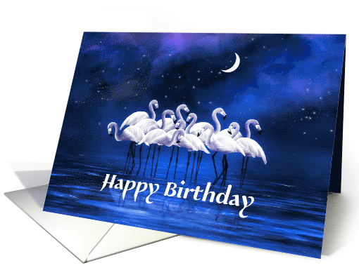 Happy Birthday Night Lake with White Flamingos card (1655368)
