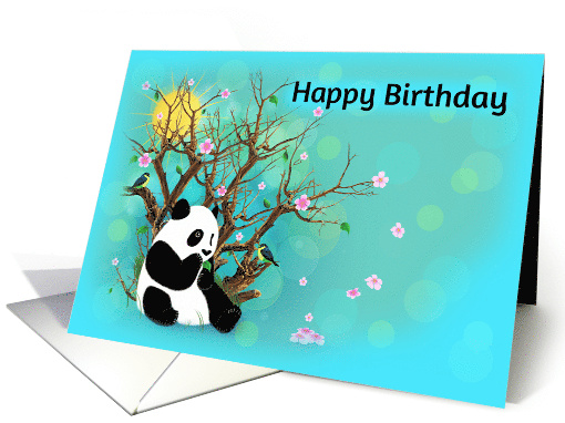 Happy Birthday Panda and Birds on a Turquoise Background card