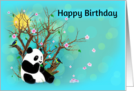 Happy Birthday Panda and Birds on a Turquoise Background card