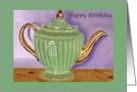 Vintage Green and Gold Teapot Birthday card