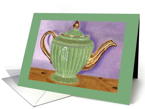 Vintage Green and Gold Teapot All Occasion Blank Note card (1271644)