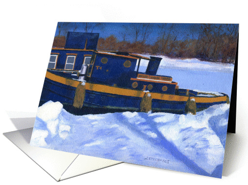 Vintage Snowy Winter Tug Boat All Occasion Blank Note card (1271648)