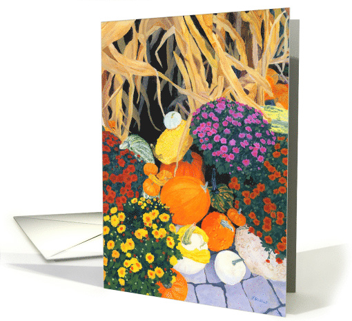 Fall Bounty Mums Pumpkins and Corn Stalks Thanksgiving card (1572856)