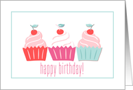 Happy Birthday - Three colourful creamy cupcakes - Pink Red Green card