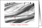 Happy December Birthday-Snowy Forest-Shadows-Black & White-Red Bow card