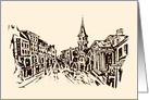 Sgraffito of old Quebec City architecture in cream and brown tones. card