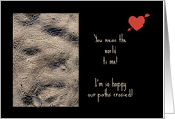 Happy We Met -- Criss-Crossing Tracks in Sand on Black Blank Inside card