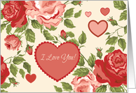 I Love You - Red Pink Hearts Flowers on Creamy Background card