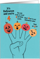 Four Jack-o-lantern Finger Puppets for 4th Birthday on Halloween card