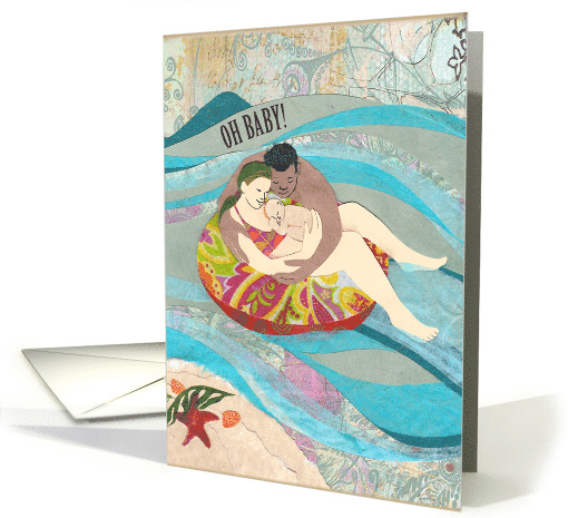 Family Trio on the Beach: Congratulations on First Baby card (1480158)
