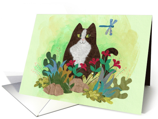 Black and White Cat Sees Dragonfly Thinking of You card (1653512)