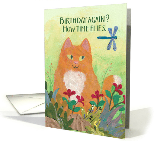 Garden Tabby Cat and Dragon Fly Birthday card (1656754)