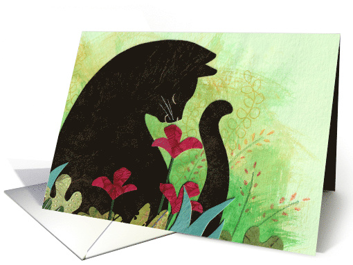 Black Cat in Garden Thinking of you card (1669374)