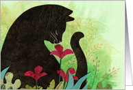 Black Cat in Garden Thinking of you card