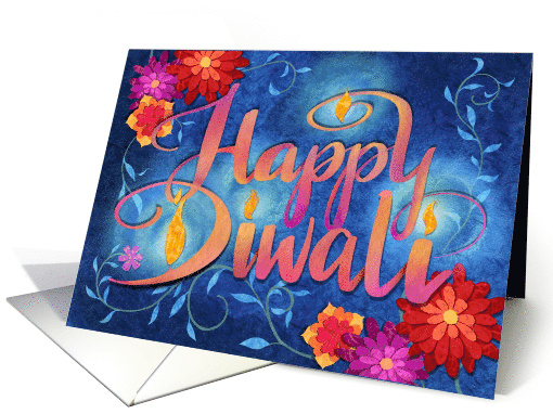 Flowing Glowing Happy Diwali with Flowers on Blue card (1698704)