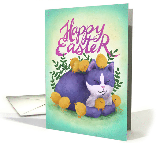 Purple Easter Kitty with Chicks card (1724602)