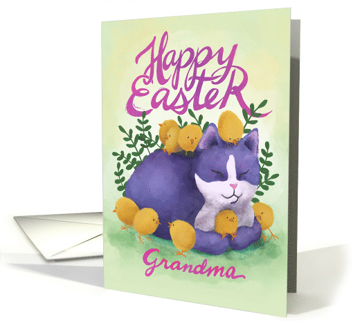 Happy Easter Grandma w Purple Cat & Chicks card (1749668)