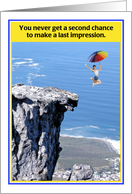 Last Impression Woman Cliff Jumper Funny Birthday card