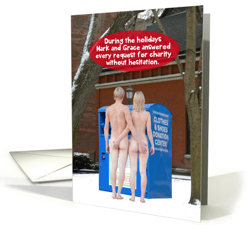 Nude Naked Couple Donate Clothes Funny Christmas Holiday card
