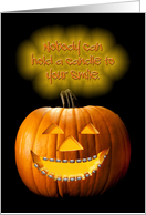 Pumpkin Wearing Braces on Teeth Hold Candle Funny Halloween Card