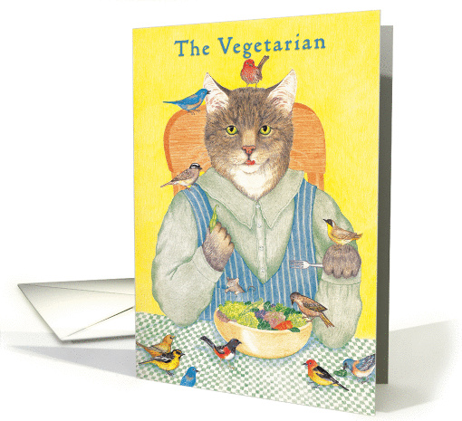 Vegetarian Cat Dining with Birds Friendship card (1235540)