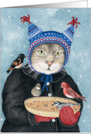 Hat Cat with wild birds Christmas Holiday Card