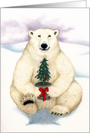 Winter Polar Bear with Little Christmas Tree Holiday Card