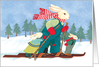Rabbit Family on Skis Merry Christmas Card