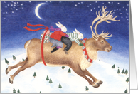 Rabbits Riding a Reindeer Christmas Card
