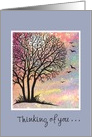 Peaceful leafless tree with colorful sunset and group of birds. card
