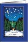 Cabin in the woods with snow, trees, star sky with moon. card