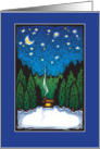 Winter landscape and starry sky with cozy cabin in trees. Blank inside card