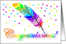 Congratulations, 2nd Anniversary Bride & Bride, Rainbow Feather Pen card