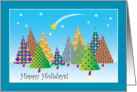 Happy Holidays! with patterned trees and comet in starry sky card