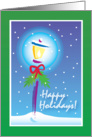 Happy Holidays bow & greenery on streetlight against snowy night sky card