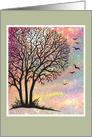 Thank you card for sympathy donation with bare tree, sunset and birds card
