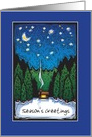 Season’s Greetings, winter scene with cabin, woods and starry sky, card