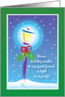 Holiday card for good friend, street light, red ribbon & snow card