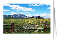 Mountain, flowers, fence & clouds & blue sky photo. Thank you. Blank card