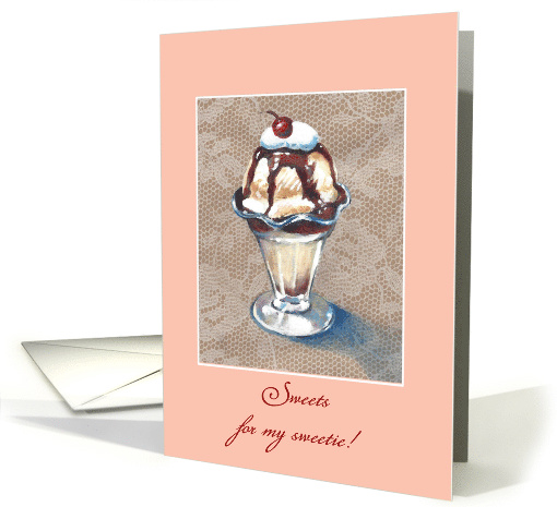 Scrumptious ice cream sundae against lace for wife on birthday card